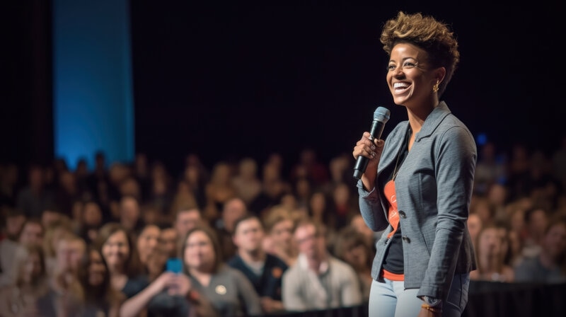 Young confident Black businesswoman speaking on stage at a business conference